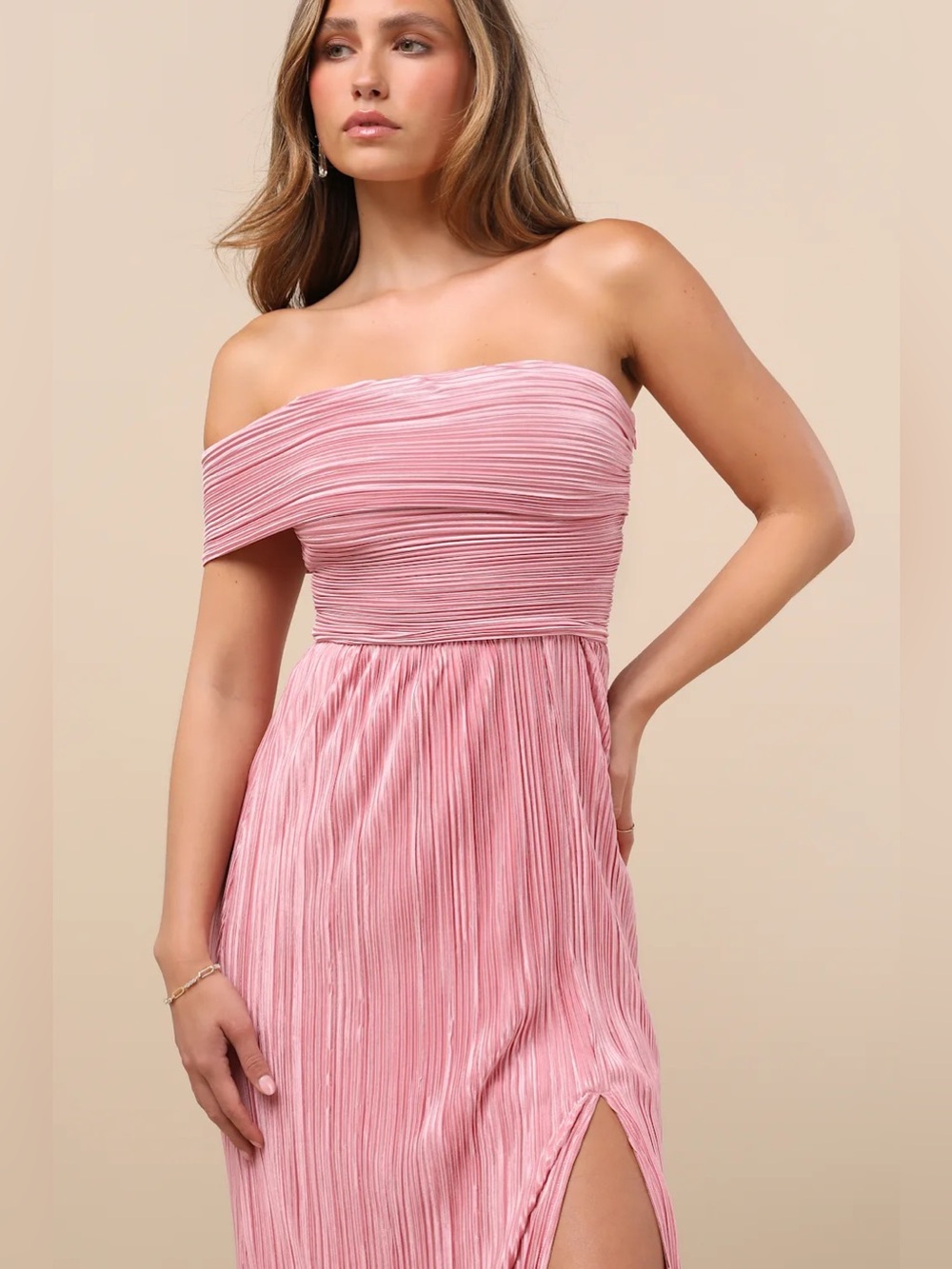 Lulus Poised Performance Pink Plisse One-Shoulder Maxi Dress Size XL NWT - Picture 2 of 11